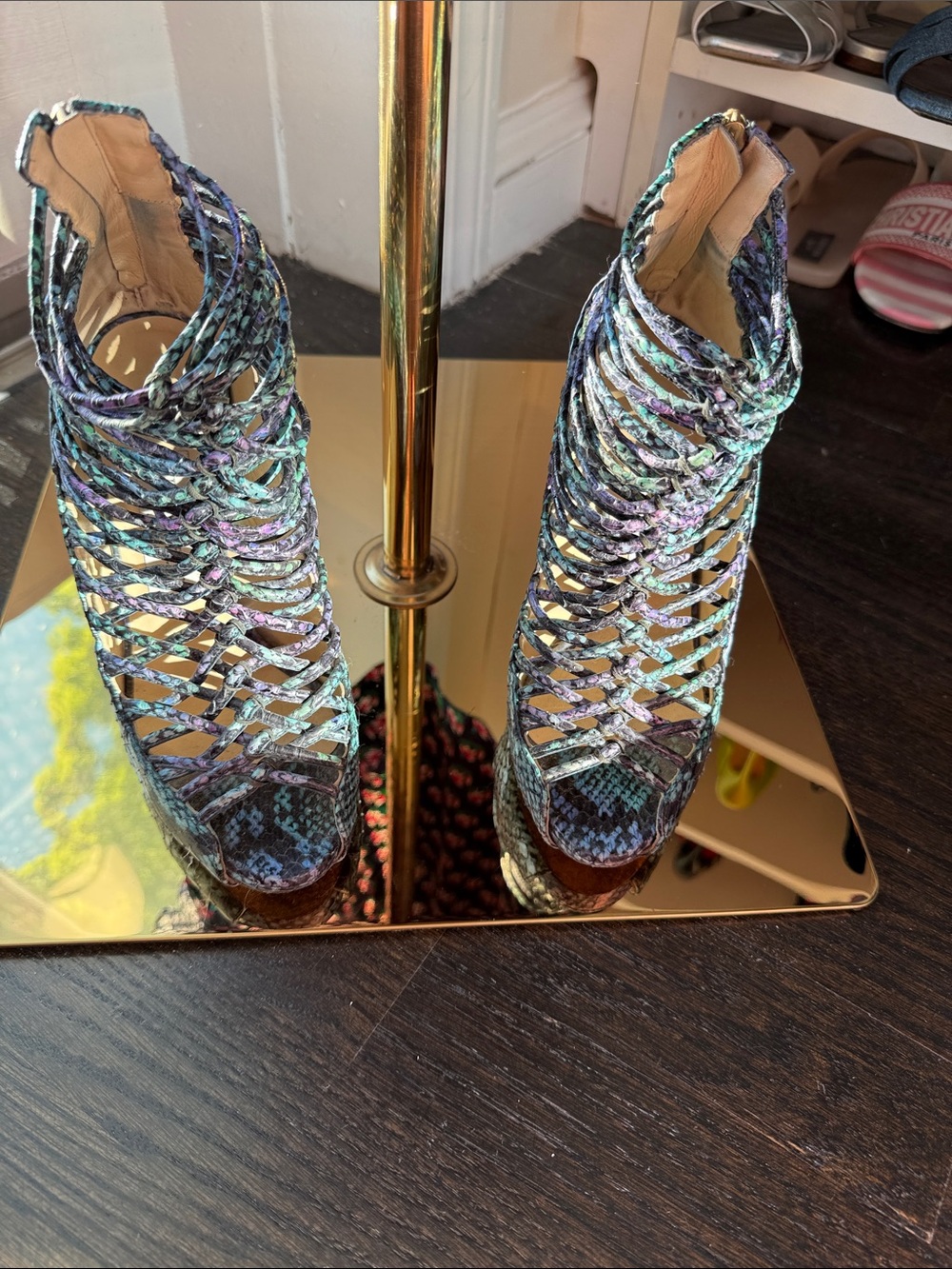 Jimmy Choo Multicolor Braided Peep-Toe Heeled Boots python skin